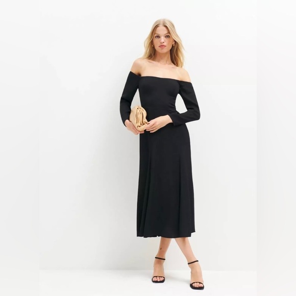 Reformation Ballari Dress in Black Midi Off Shoulder Long Sleeves Size 0 - Picture 5 of 17
